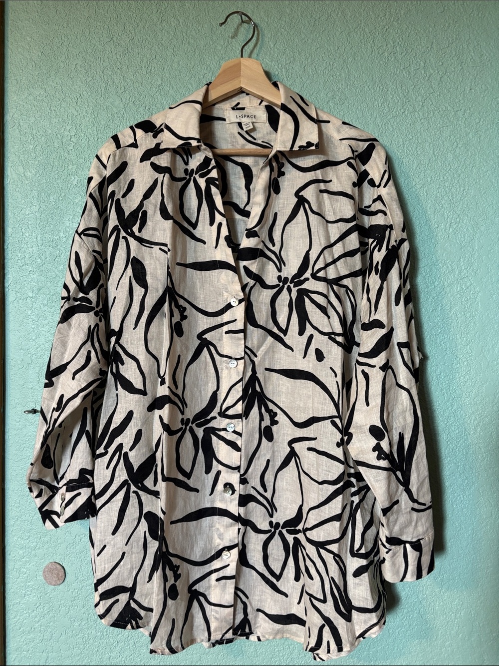 l*space Rio Black and Cream Floral Print Linen Tunic and Shorts Set NWOT - Picture 6 of 16